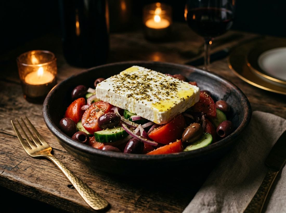 Horiatiki Greek salad with tomato, cucumber, olives and a slab of feta