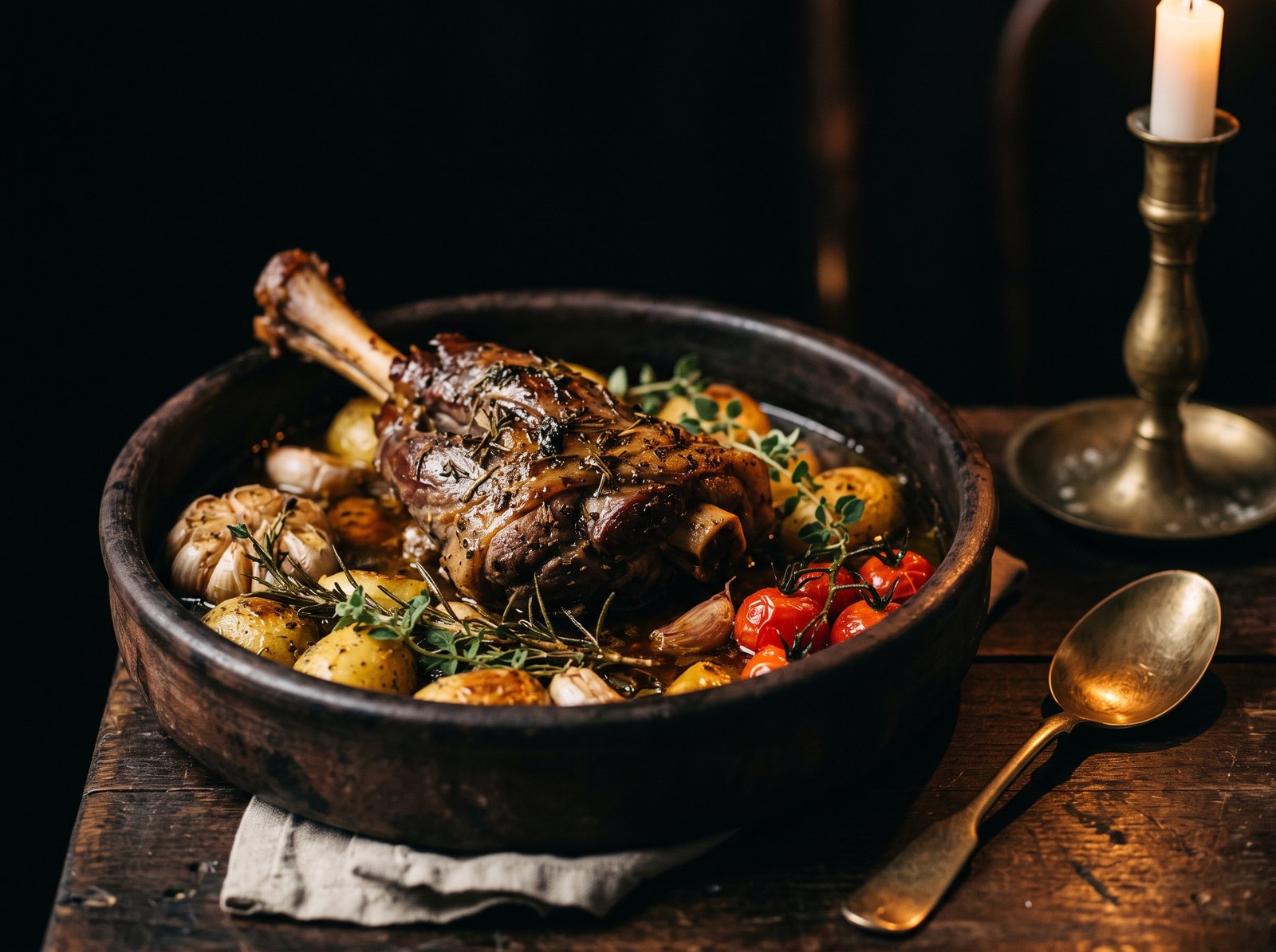 Slow-cooked lamb kleftiko with lemon potatoes and garlic in a clay pot